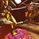An armored space warrior climbs a gigantic monster.